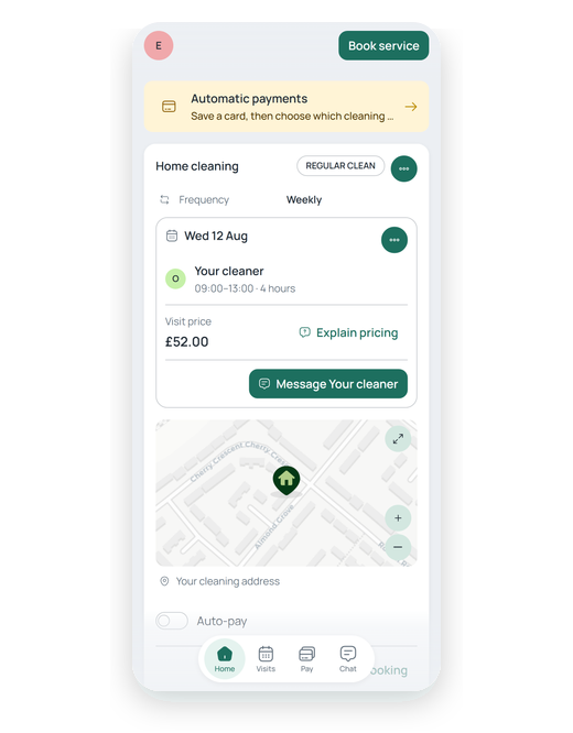Facility Cleaners app showing an upcoming home clean